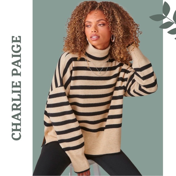 Charlie Paige Sweaters - Charlie Paige Mikyla Stripe Cowl / Turtle Neck Pullover Cream Black Size Medium
